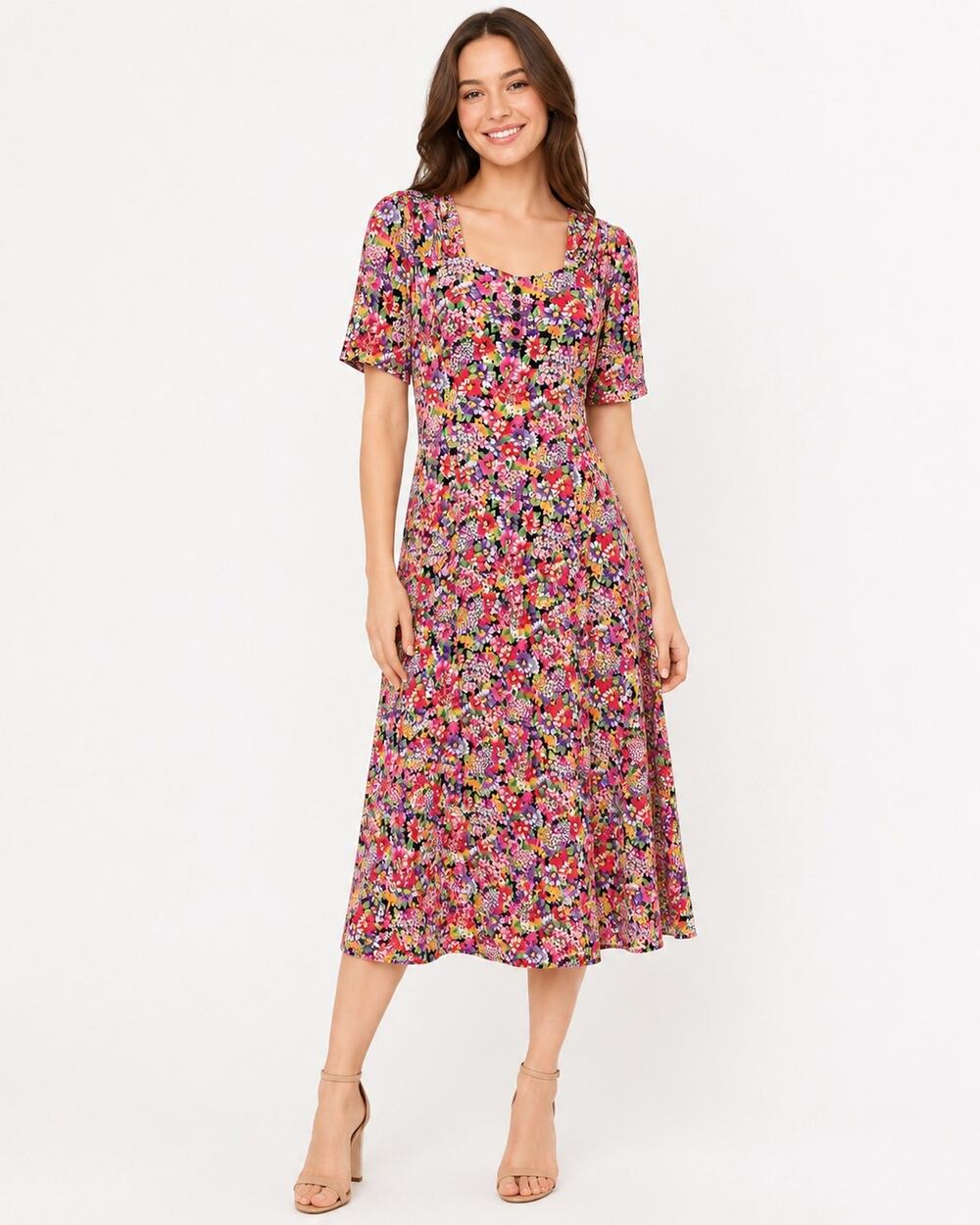90s Liz Claiborne Floral Rayon Midi Dress Dark Floral 14P M/L